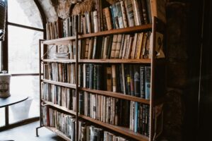 Une haute bibliothèque de bois chargée de livres anciens dans une pièce voûtée